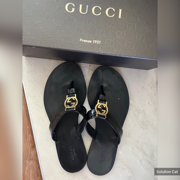 Gucci Black Vernice Crystal Thong Sandals - EU 38 - Picture 2 of 7